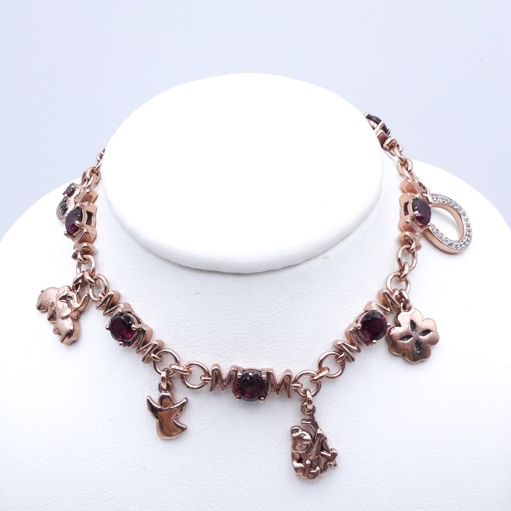 Garnet Chuck Clemency Mom Charm Bracelet Rose Gold Plated Sterling Silver 7.5"
